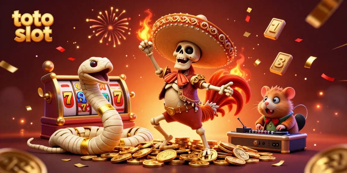 Toto slot game scene featuring a mariachi rooster dancing on coins with colorful slot elements.