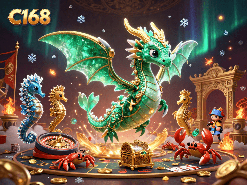 Experience thrilling gaming adventures with C168, showcasing vibrant characters amid a lively live casino scene.