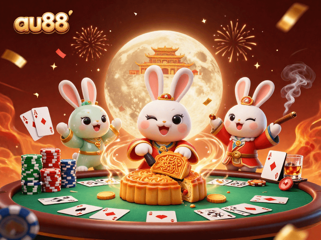 Enjoy poker fun with the lively au88 scene featuring moon rabbits and poker elements.