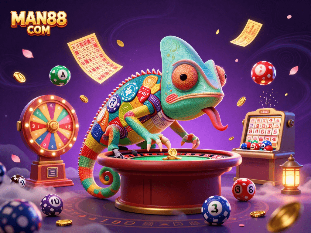 Win big at MAN88 COM with a vibrant chameleon casino owner surrounded by dynamic lottery elements.