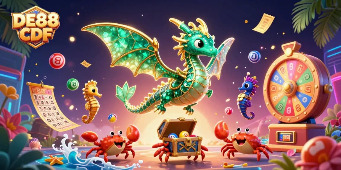 Engagingly win with DE88 CFD at the vibrant lottery scene featuring dynamic lottery balls and a treasure chest.