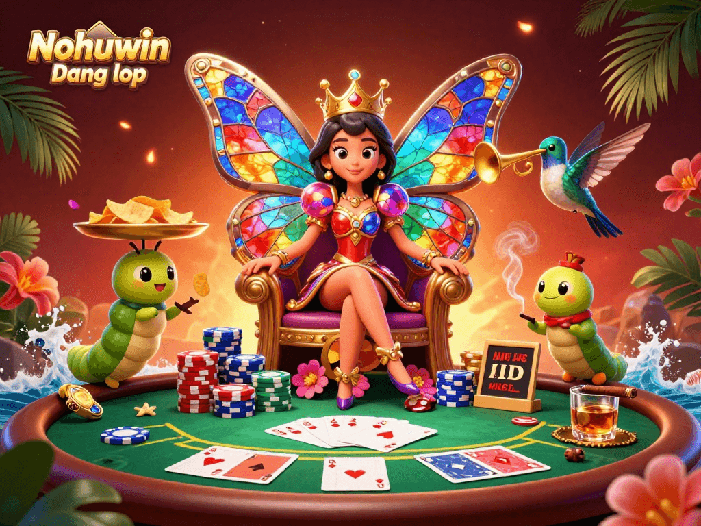 Nohuwin Đăng nhập: Engage in vibrant casino action with a butterfly queen and poker elements.
