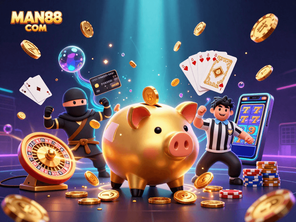 Experience thrilling wins at MAN88 COM with a dynamic casino scene filled with gold coins and poker chips.