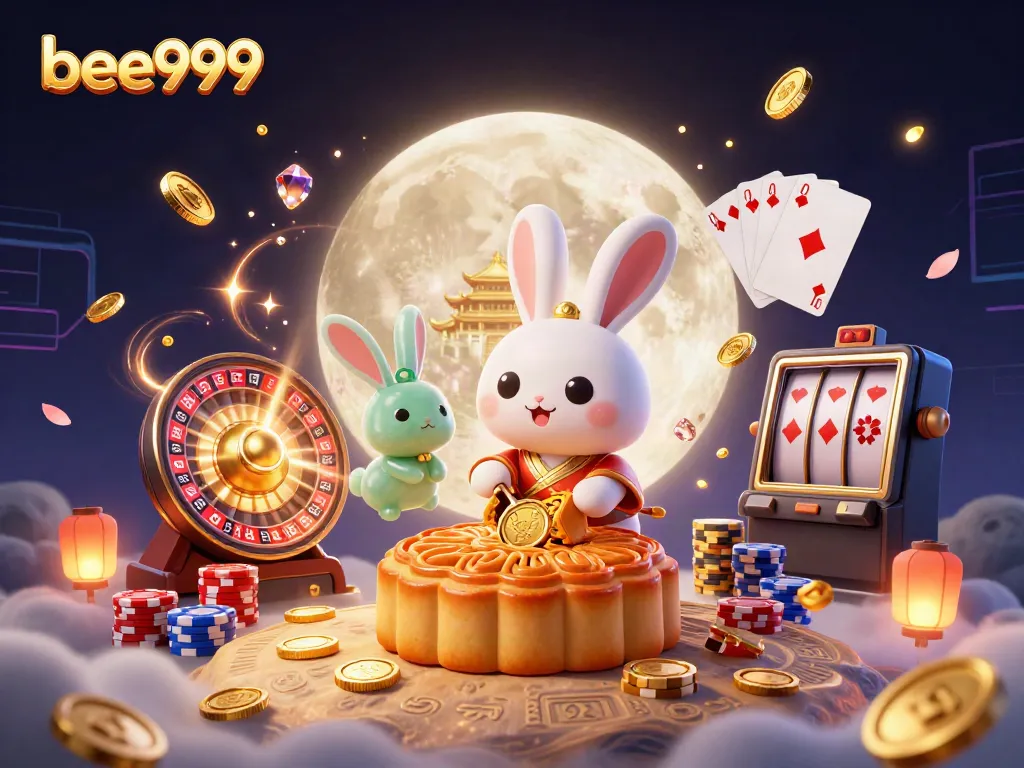 Engage with thrilling games on bee999, featuring dynamic 3D moon rabbits revealing poker chips amidst cascading coins.