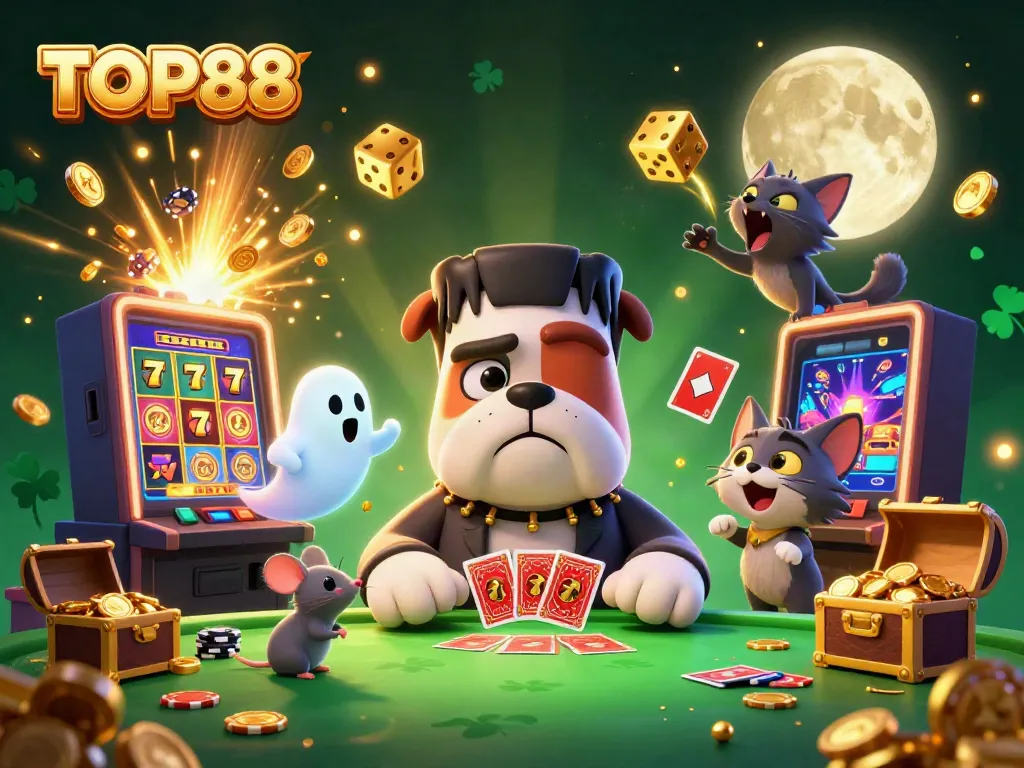 TOP88's Frankenstein bulldog monster engages players at a casino table with gold and vibrant elements.