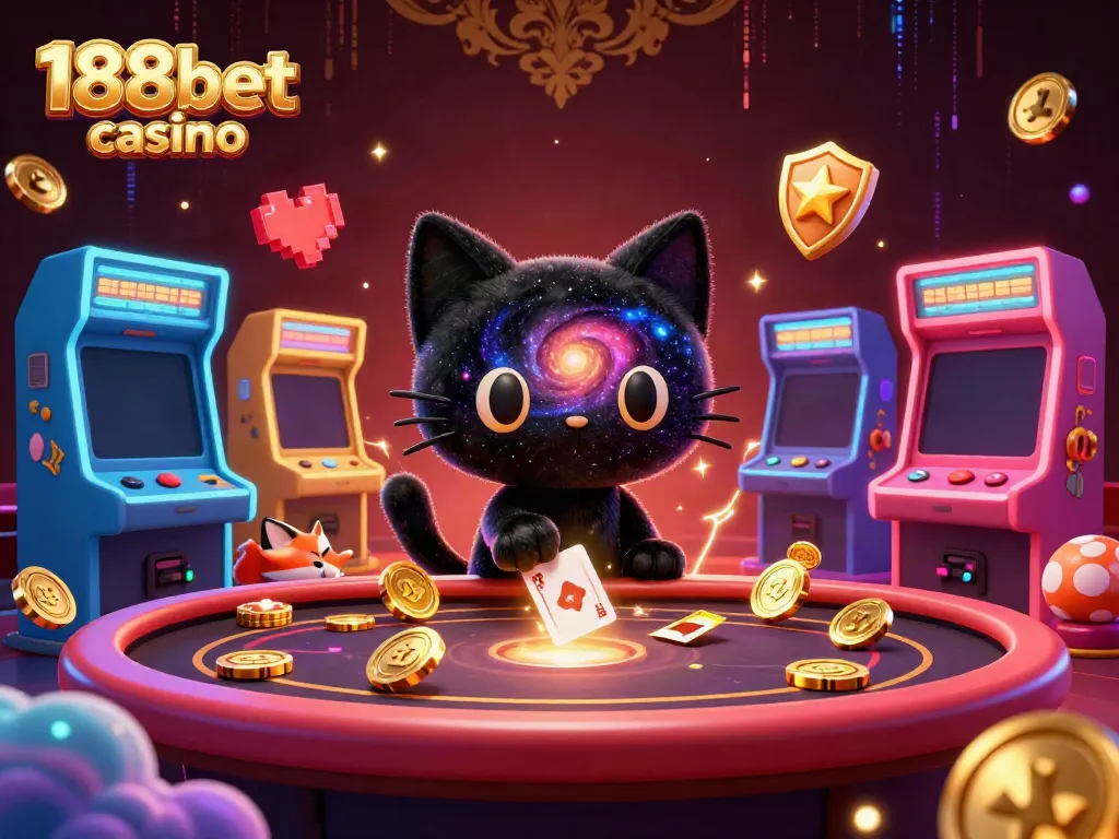 Engage with dynamic gameplay at 188bet casino, featuring a playful black hole cat and colorful game elements.