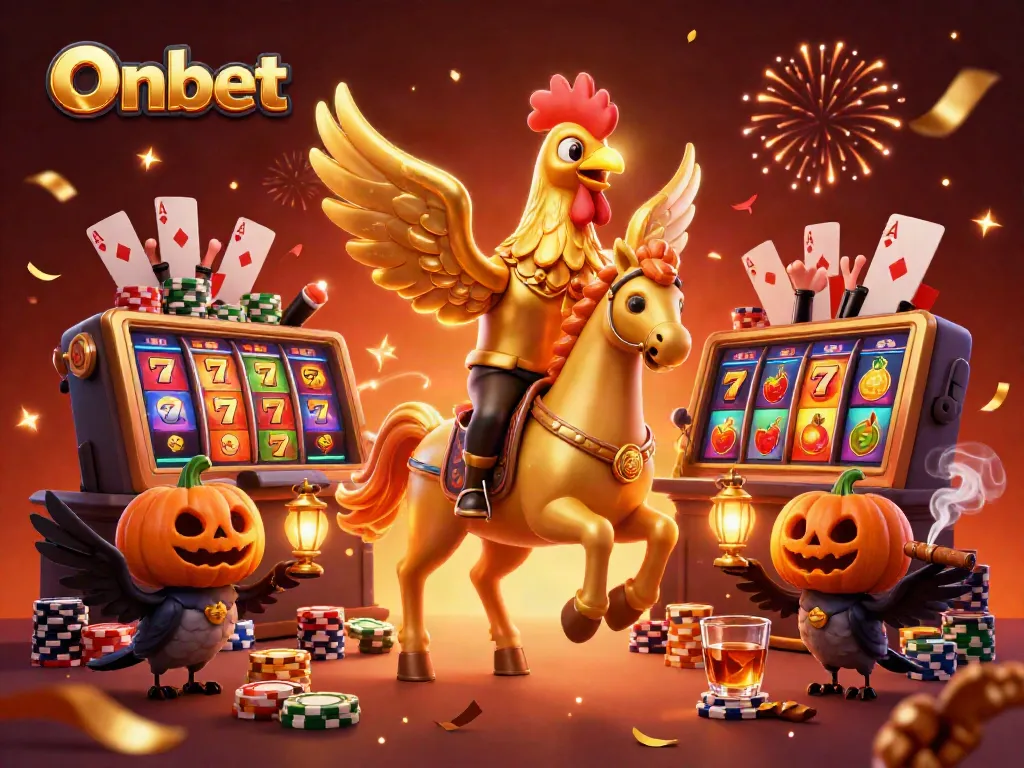 Experience Onbet's exciting casino vibes with a dynamic golden rooster riding through a vibrant casino scene.
