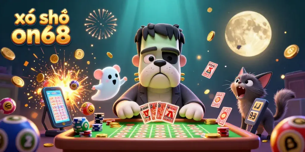 Engaging illustration of a lottery scene highlighting xổ số on68 with a cartoon bulldog monster and prizes bursting around.