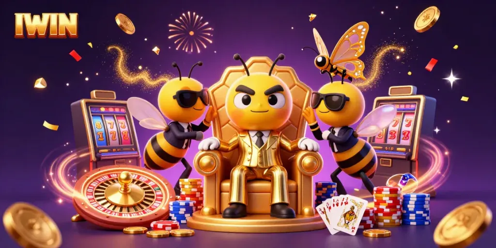 Engage with IWIN's exhilarating casino experience featuring a vibrant 3D bumblebee mob boss surrounded by stunning gambling elements.