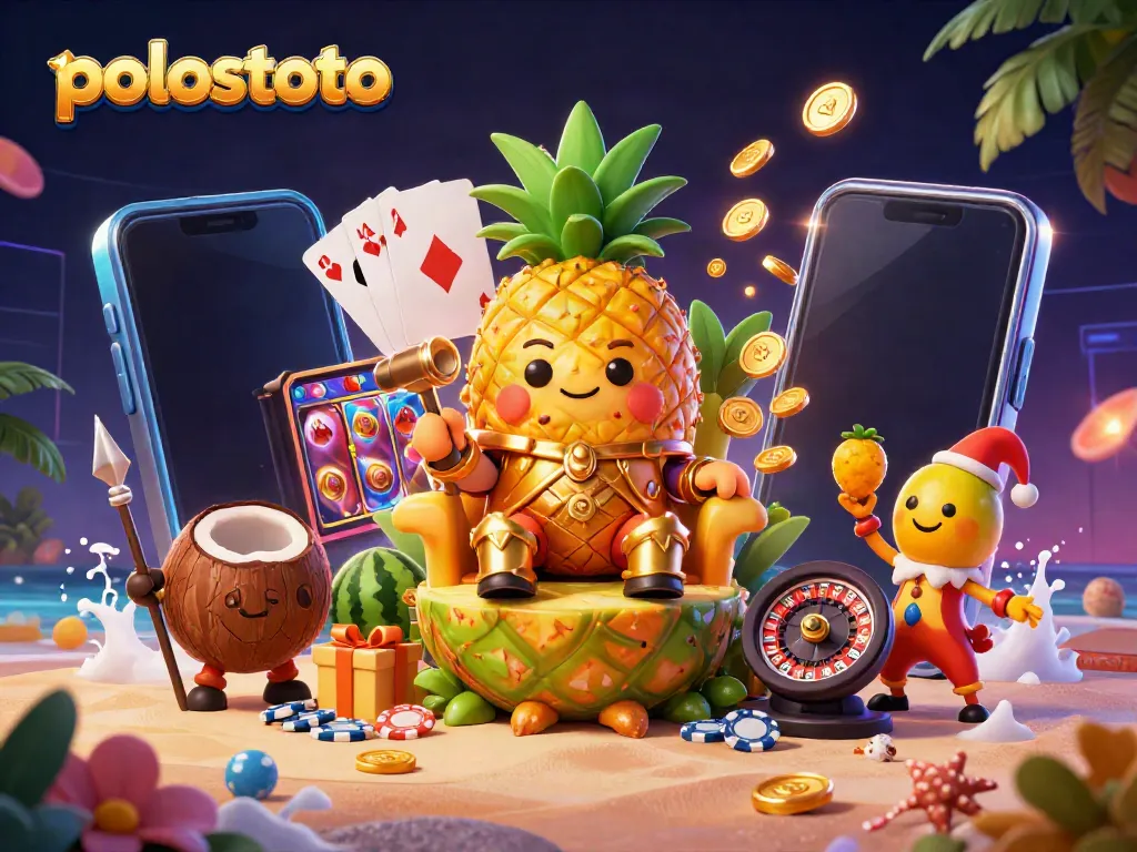 Engage in thrilling gameplay at polostoto with a vibrant casino scene featuring a golden pineapple king and dynamic slot elements.