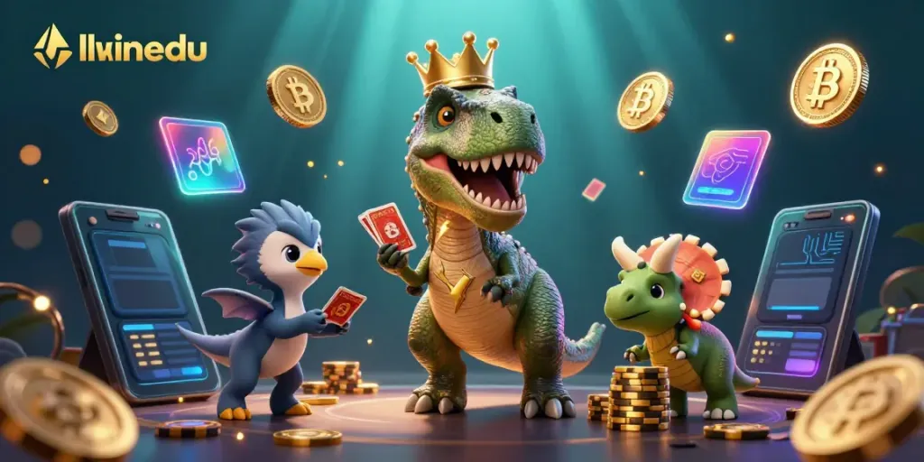 Experience thrilling gaming adventures with llwinedu’s playful T-Rex and friends in a vivid casino scene.