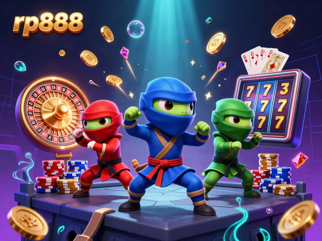 Experience excitement with rp888 as ninja chameleons sync in gameplay amidst gold coins and casino elements.