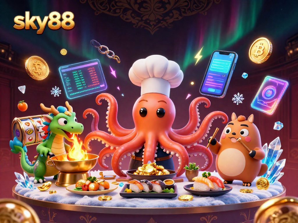 Experience sky88's excitement with vibrant characters and dynamic gaming elements in a lively casino scene.