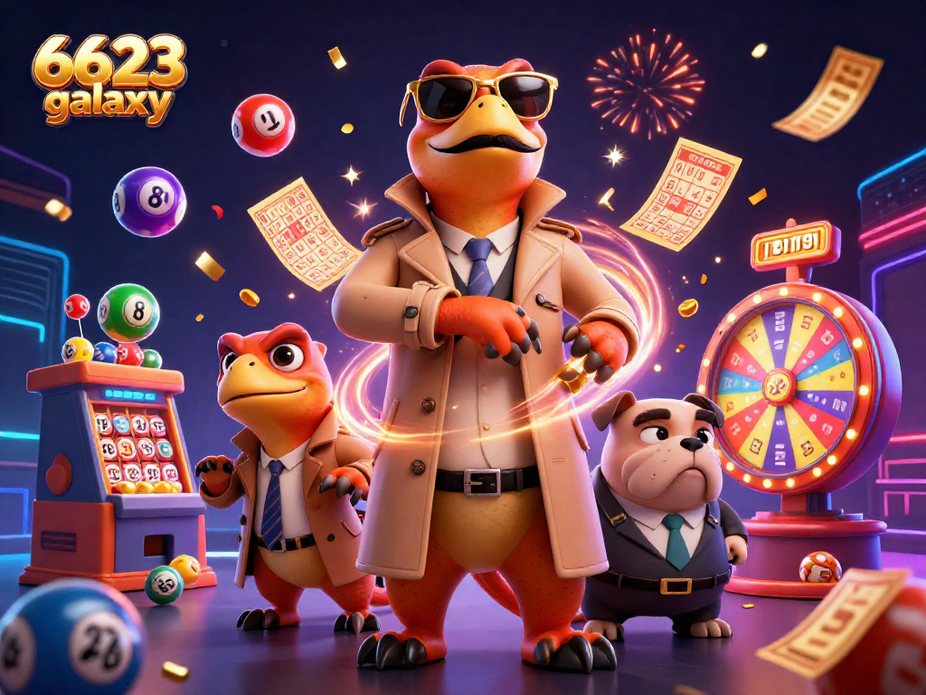 Engage with the vibrant excitement at 6623 galaxy featuring playful raptors in a trench coat entering a VIP casino.