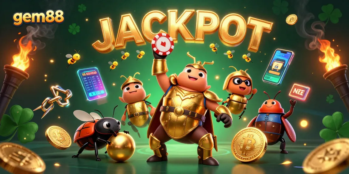 Bet on gem88 and celebrate the jackpot with a vibrant 3D scene featuring a victorious beetle and neon coins.