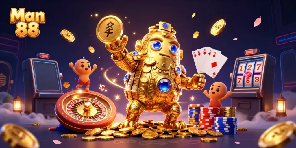 Experience thrilling gameplay in Man 88 with a dynamic 3D gold-themed casino illustration.