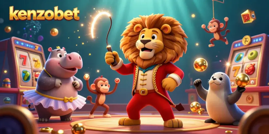 Kenzobet's vibrant casino scene featuring a playful circus ensemble celebrating gaming excitement.