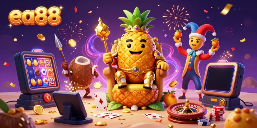 Experience the thrill with ea88 as the pineapple king reigns over a vibrant casino scene filled with excitement and game elements.