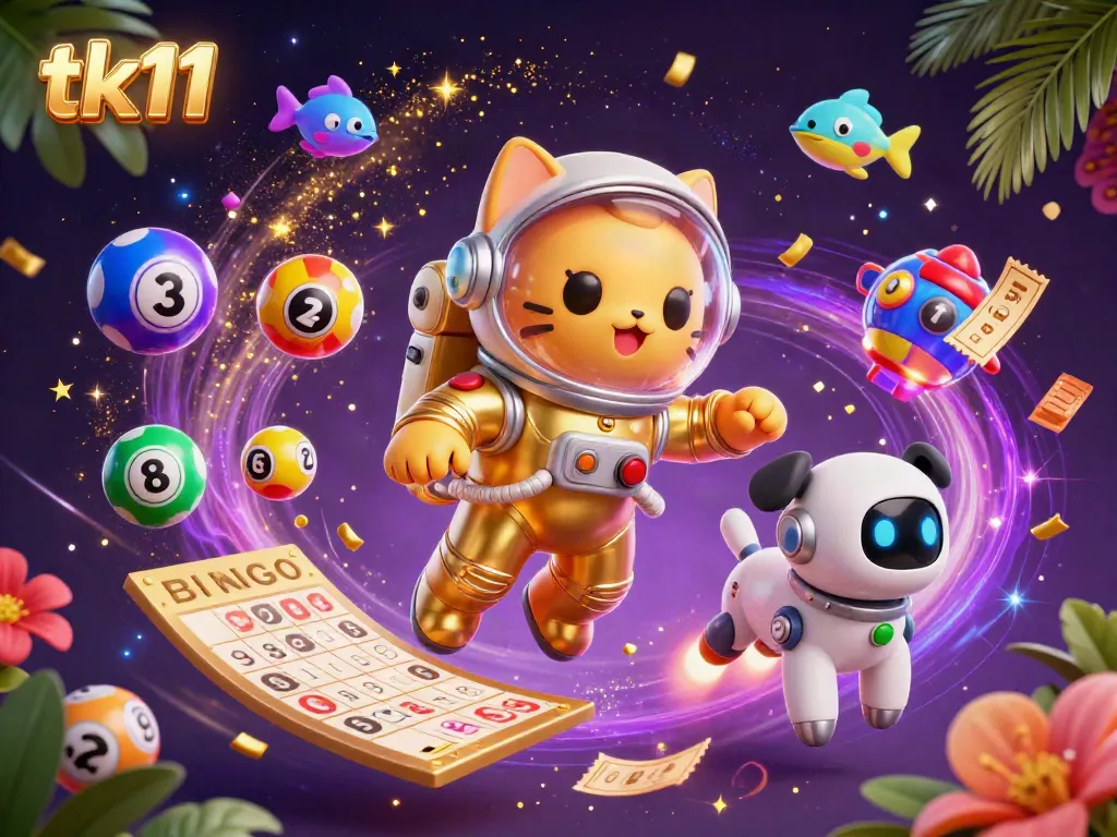 Engage with tk11 as a 3D astronaut cat in a golden suit, winning in a colorful casino galaxy.