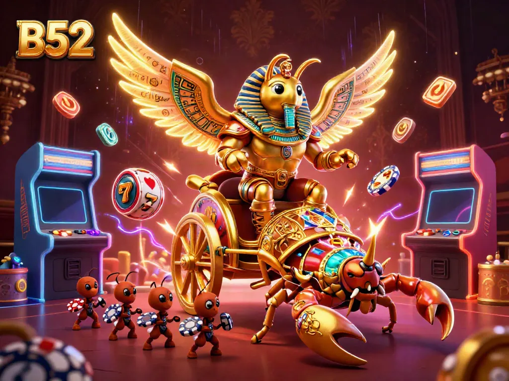 Engage in thrilling gameplay with B52's vibrant 3D casino scene featuring dynamic slot elements and colorful characters.
