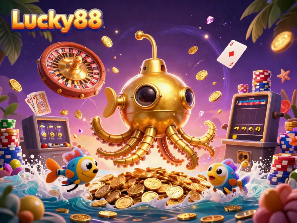 Experience entertainment and excitement at Lucky88 with a dynamic casino scene filled with gold coins and games.