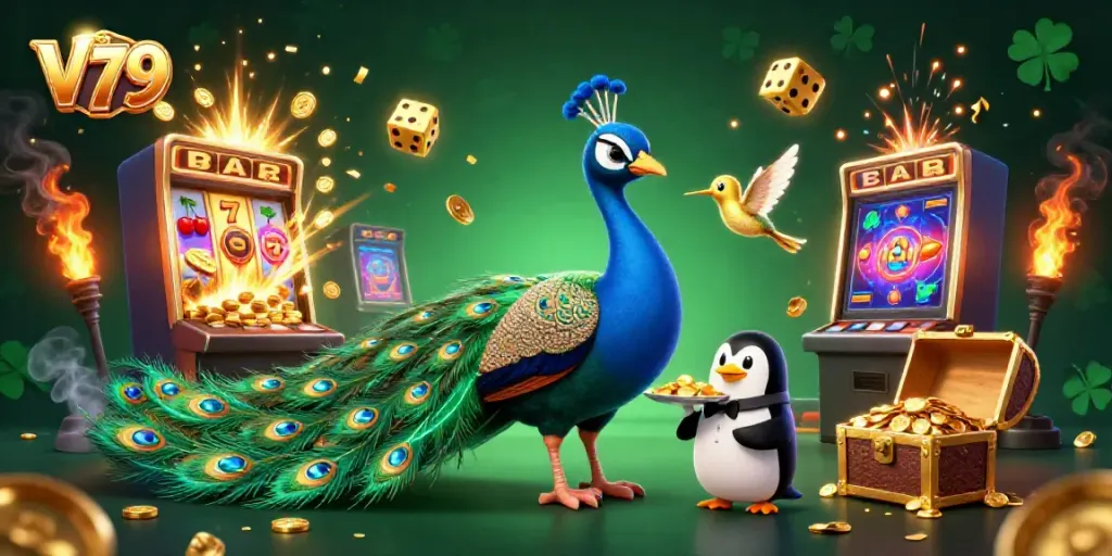 Experience the thrill of V79 with a vibrant casino scene featuring a majestic peacock, a clever butler penguin, and sparkling golden elements.