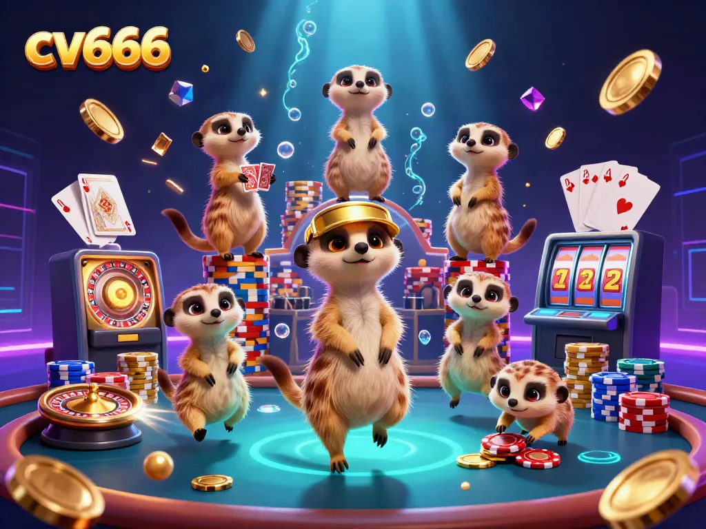 Experience an exciting casino scene with meerkats in cv666, as they manage chips and deal cards.
