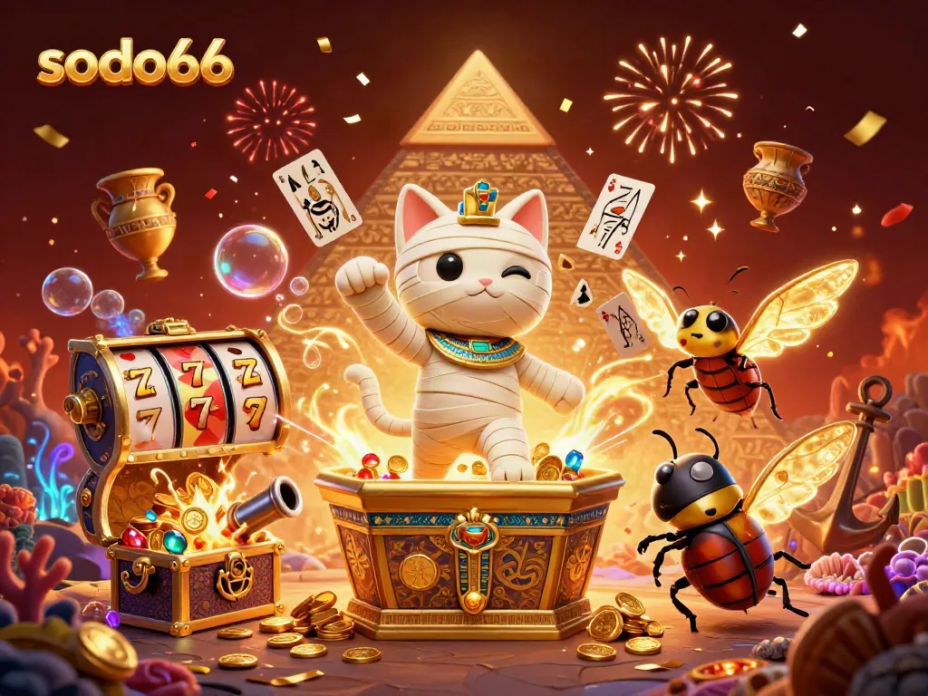 Experience thrilling gaming action at sodo66 with a 3D mummy cat and casino elements.