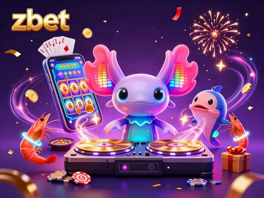 Zbet online casino vibrant scene with neon axolotl DJ and colorful slot game explosion