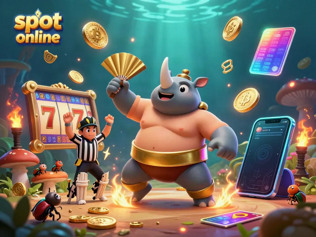 Experience the excitement of slot online gaming as a vibrant rhinoceros beetle sumo champion stomps, sending coins flying.