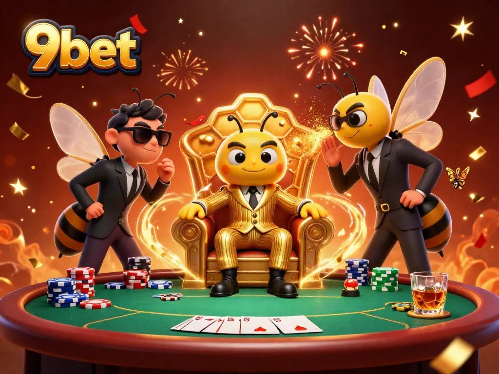 Engage in gaming excitement with 9bet's vibrant casino scene showcasing poker action and colorful characters.
