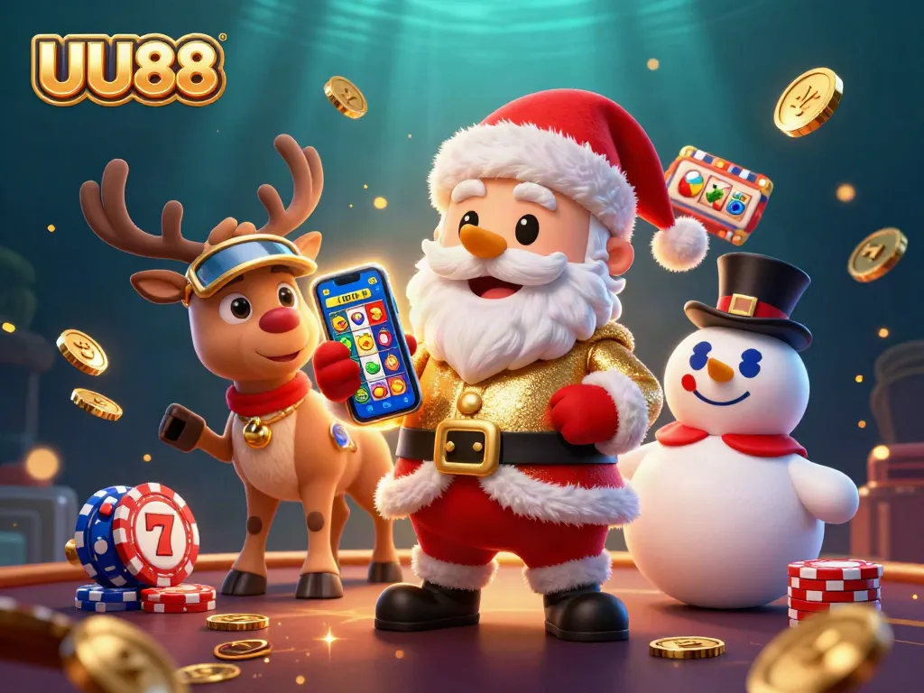 Cute friendly Santa Claus and characters promoting gaming fun in UU88 casino slots.