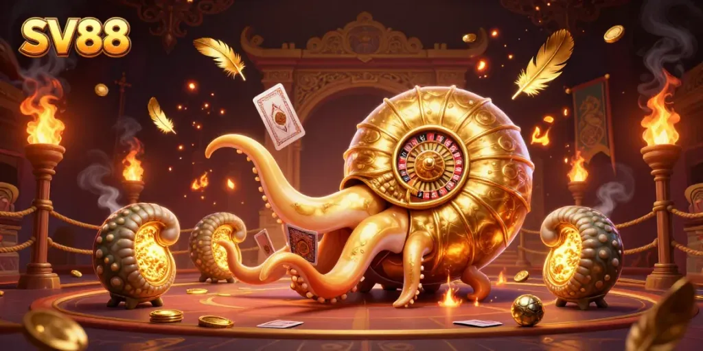 Engage in thrilling gameplay at SV88, featuring a giant nautilus and glowing ammonites amidst casino elements.