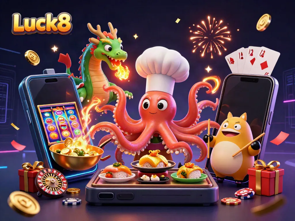 Experience Luck8 as the octopus chef prepares golden dishes amidst vibrant casino elements.