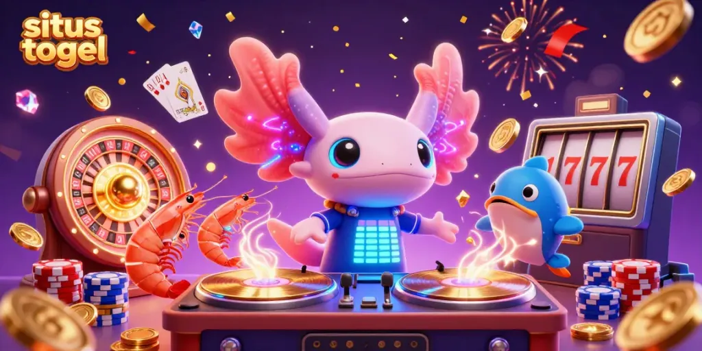 Engage with situs togel through a vibrant 3D scene of a neon axolotl DJ and a lively underwater party atmosphere.