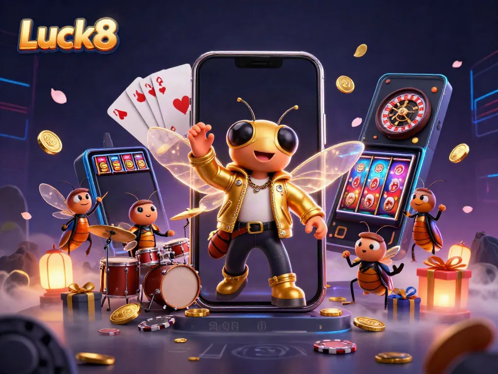 Experience the Luck8 gaming thrill with a rock star cicada band and energetic casino elements!
