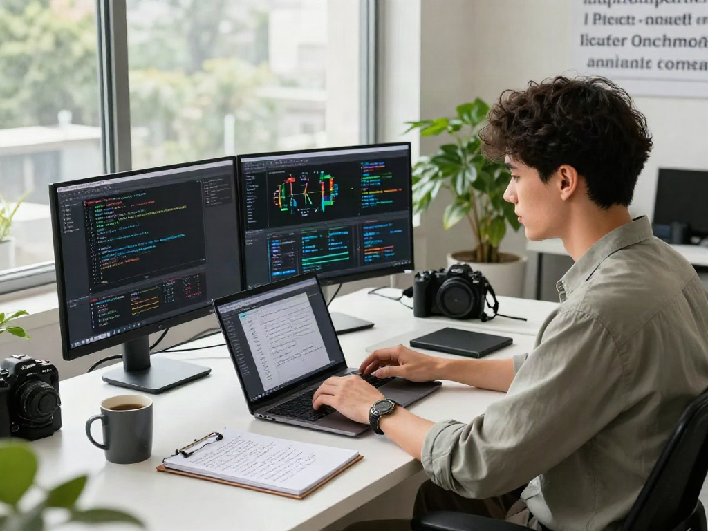 AI 18+ developer immersed in work at a high-tech workspace, showcasing advanced computing equipment and data visualizations.