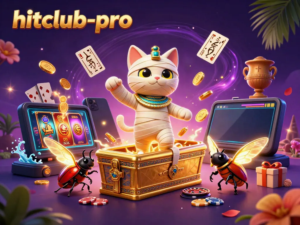 Experience the excitement of hitclub-pro with a cartoon mummy cat and casino elements bursting from an ancient sarcophagus.