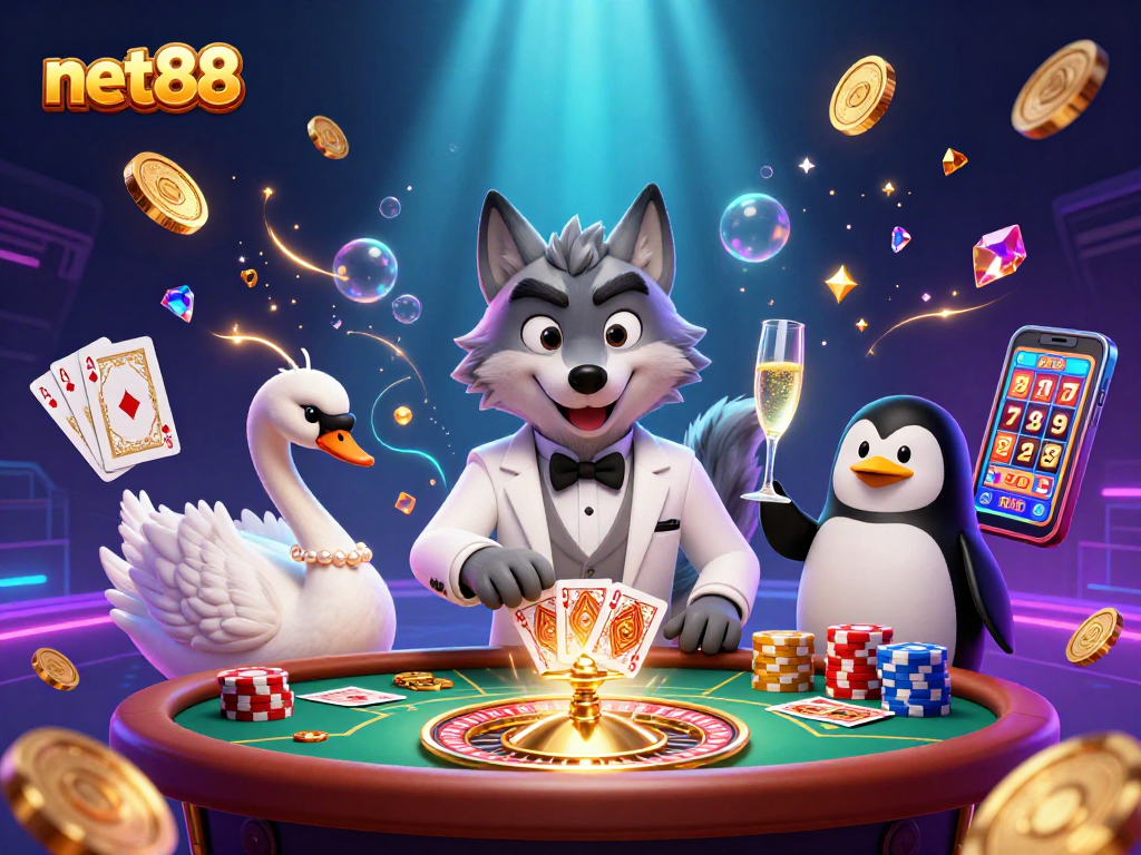 net88 showcases a lively casino scene with characters at a baccarat table while sparkling gems and coins fly around.