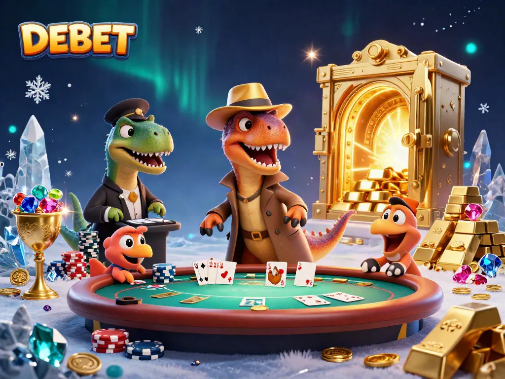 DEBET velociraptor card counter at blackjack table amidst sparkling casino riches.