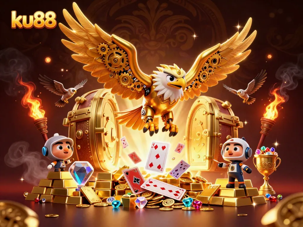 Experience the thrill of ku88 with a golden eagle diving through holographic cards amidst treasures.