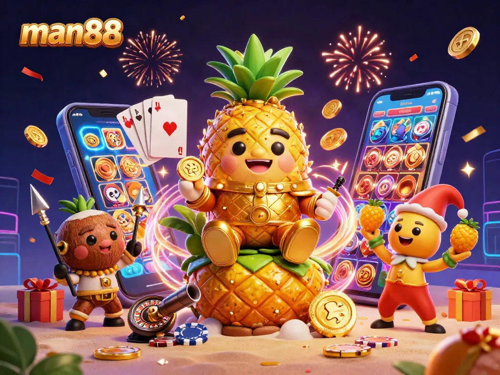 Experience thrilling games at man88 casino with a vibrant 3D scene of characters and casino elements.