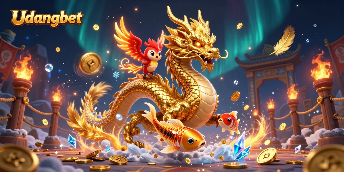 Bet high with Udangbet as the golden dragon, phoenix, and koi fish celebrate winning in a vibrant casino scene.