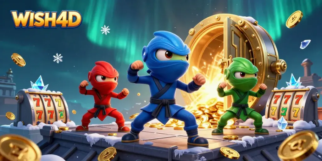 Engage with WISH4D's thrilling slot action featuring ninja chameleons amidst gold and gems.