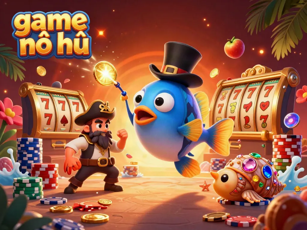 Experience game nổ hũ with glowing coins, slot reels, and vibrant characters in action.
