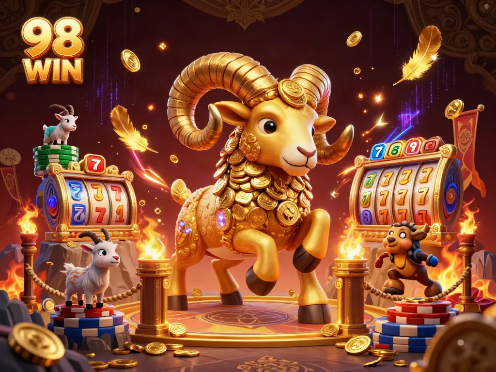 Engage in excitement with 98 WIN as a golden ram rushes through a casino-themed arena.