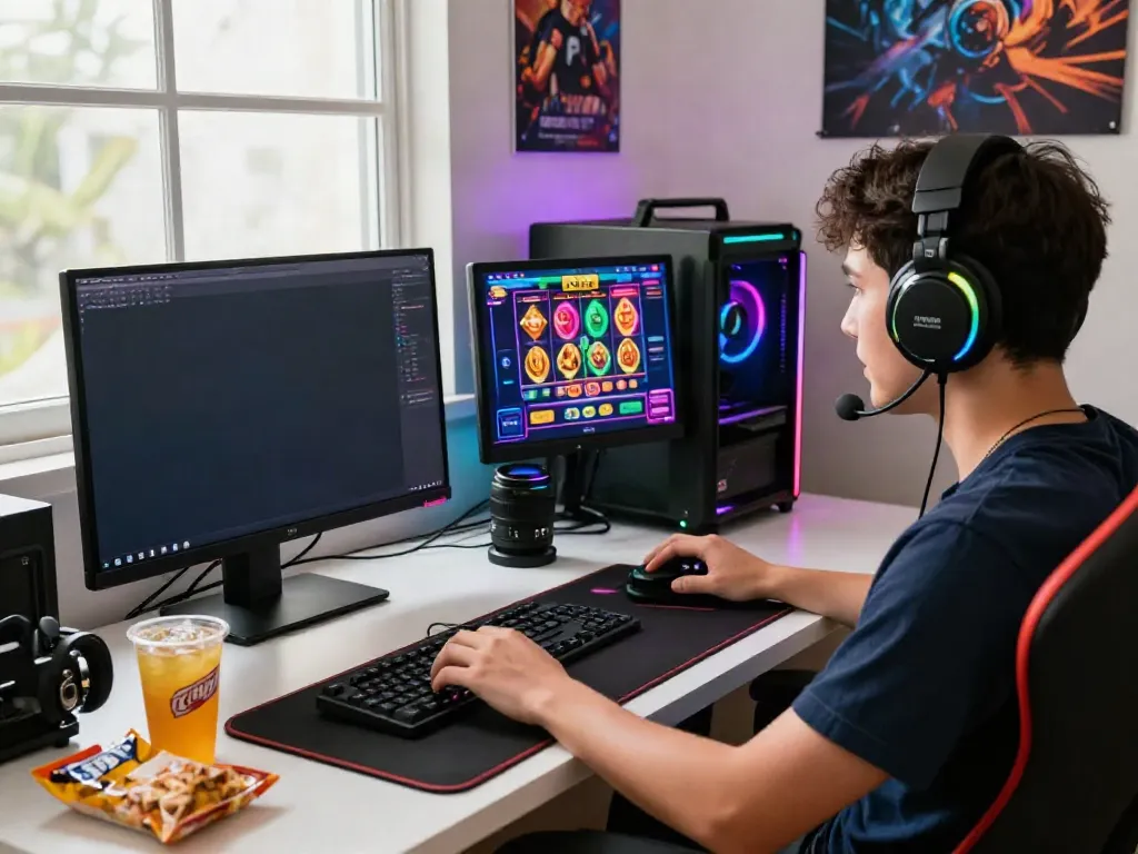 Player immersed in slot gacor gampang menang game with vibrant gaming setup