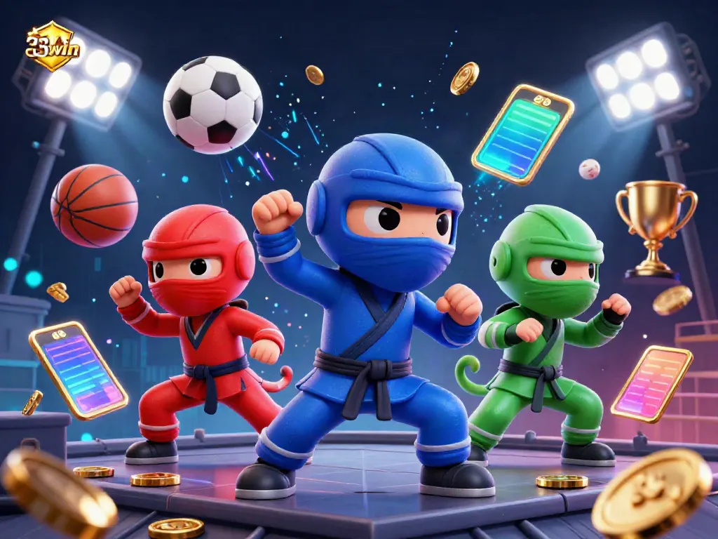 Experience the thrill of 33win with animated chameleons showcasing teamwork in a vibrant casino scene.