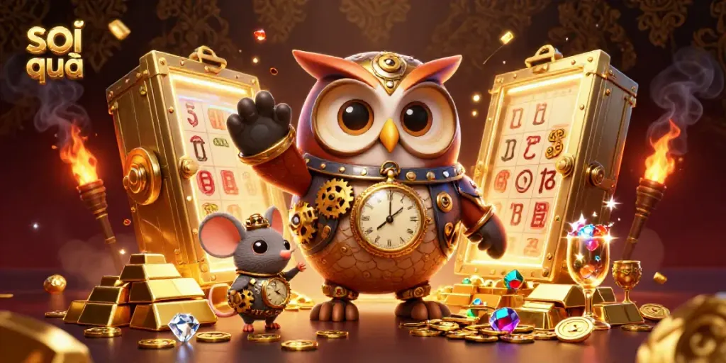 Soi cầu enthusiasts analyzing lottery data with 3D time-traveler owl and treasures around