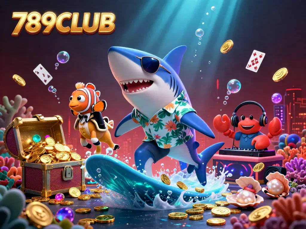 Surf the waves of fortune with 789CLUB as a shark rides gold coins amidst vibrant coral and playful characters.